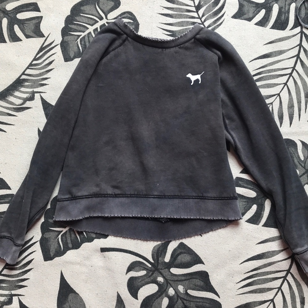 PINK grey distressed crew neck